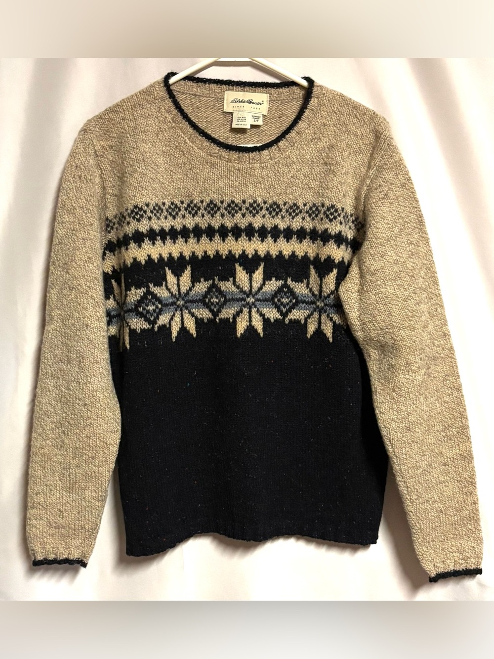 Eddie Bauer Vintage 90s Wool Blend Ski Knit Fair Isle Snowflake Sweater USA
